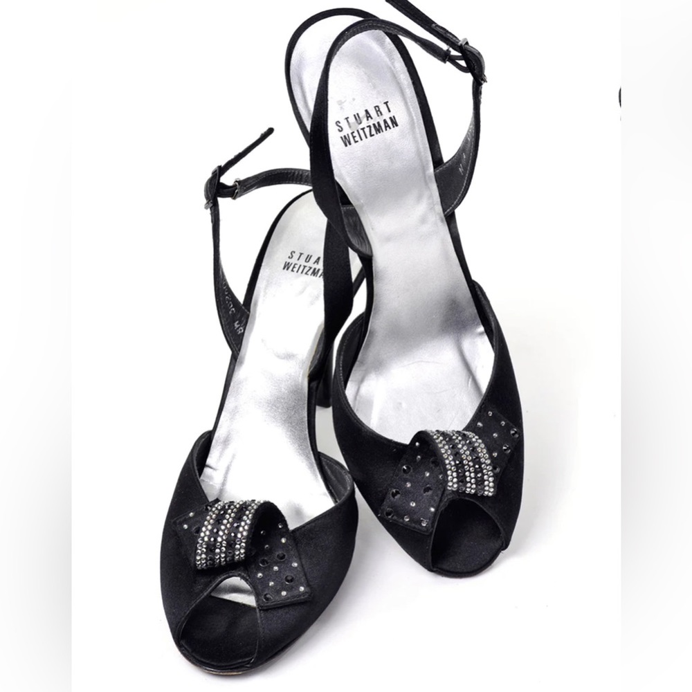 New STUART WEITZMAN bl satin Rhinestone bow heels peep toe slingback sandals 8W